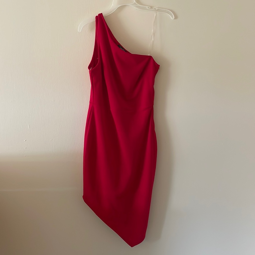 Red asymmetrical cocktail dress.